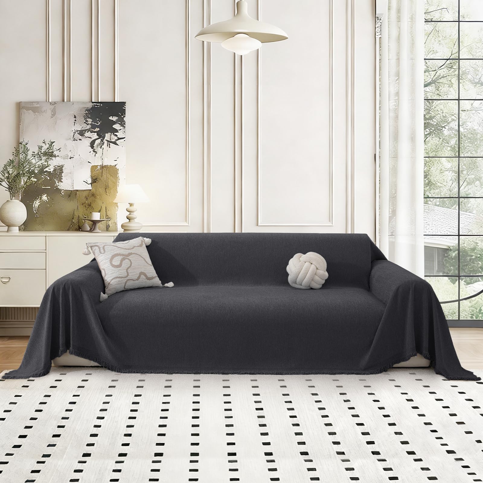 MAXIJIN Chenille Couch Cover for 2 3 4 Seater, Washable L-Shaped Corner Sofa Cover, All-Season Sofa Covers for Dogs, Pet Throw Blankets with Tassel Couch Protector Covers (Dark Grey, 180 * 260 cm)