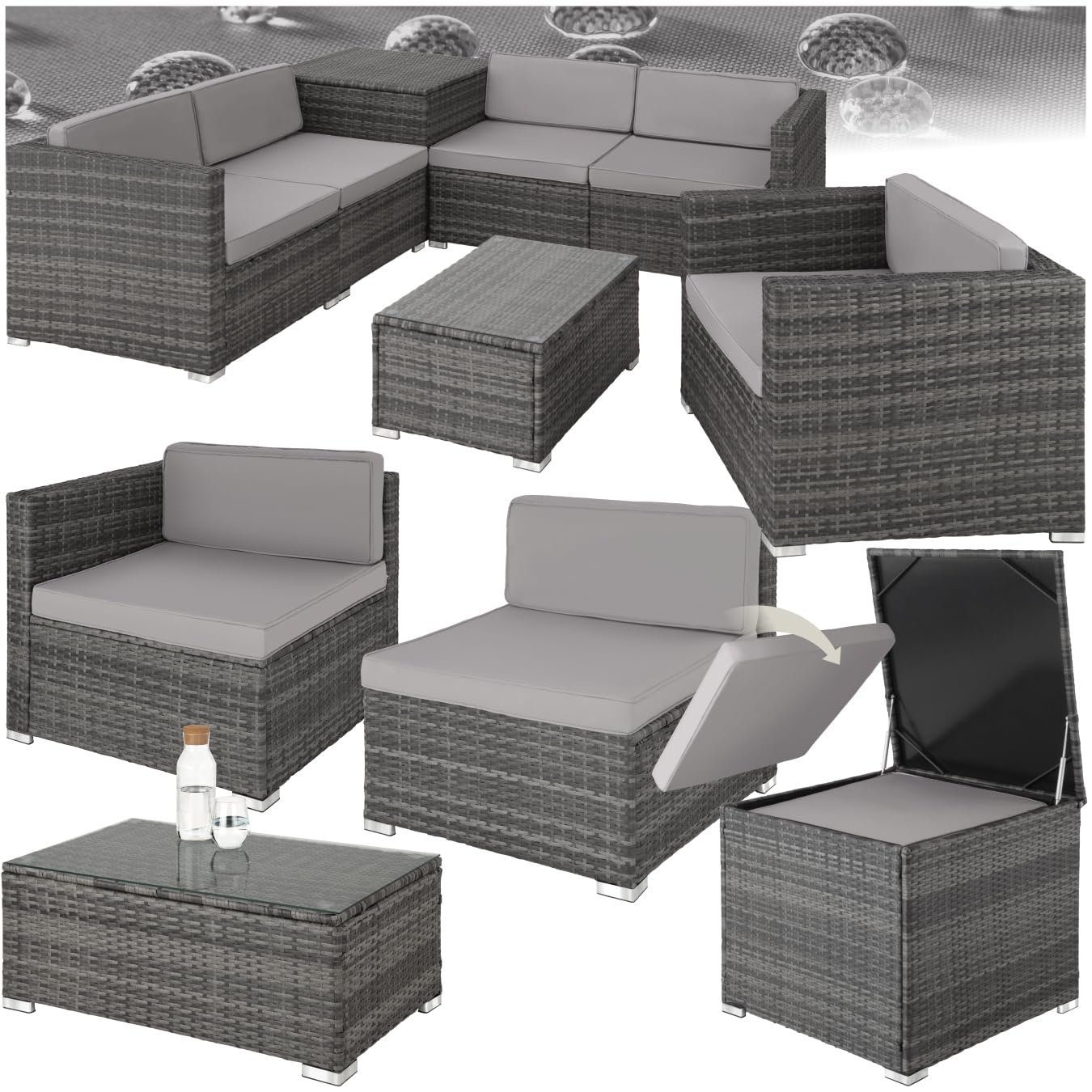 tectake Polyrattan Sitzgruppe mit Aufbewahrungsbox für Polster, Tisch mit Glasplatte, frei zu gruppierendes Gartenmöbel Set, Rattan Lounge für den Garten – Balkonmöbel, Balkonmöbel Kleiner Balkon