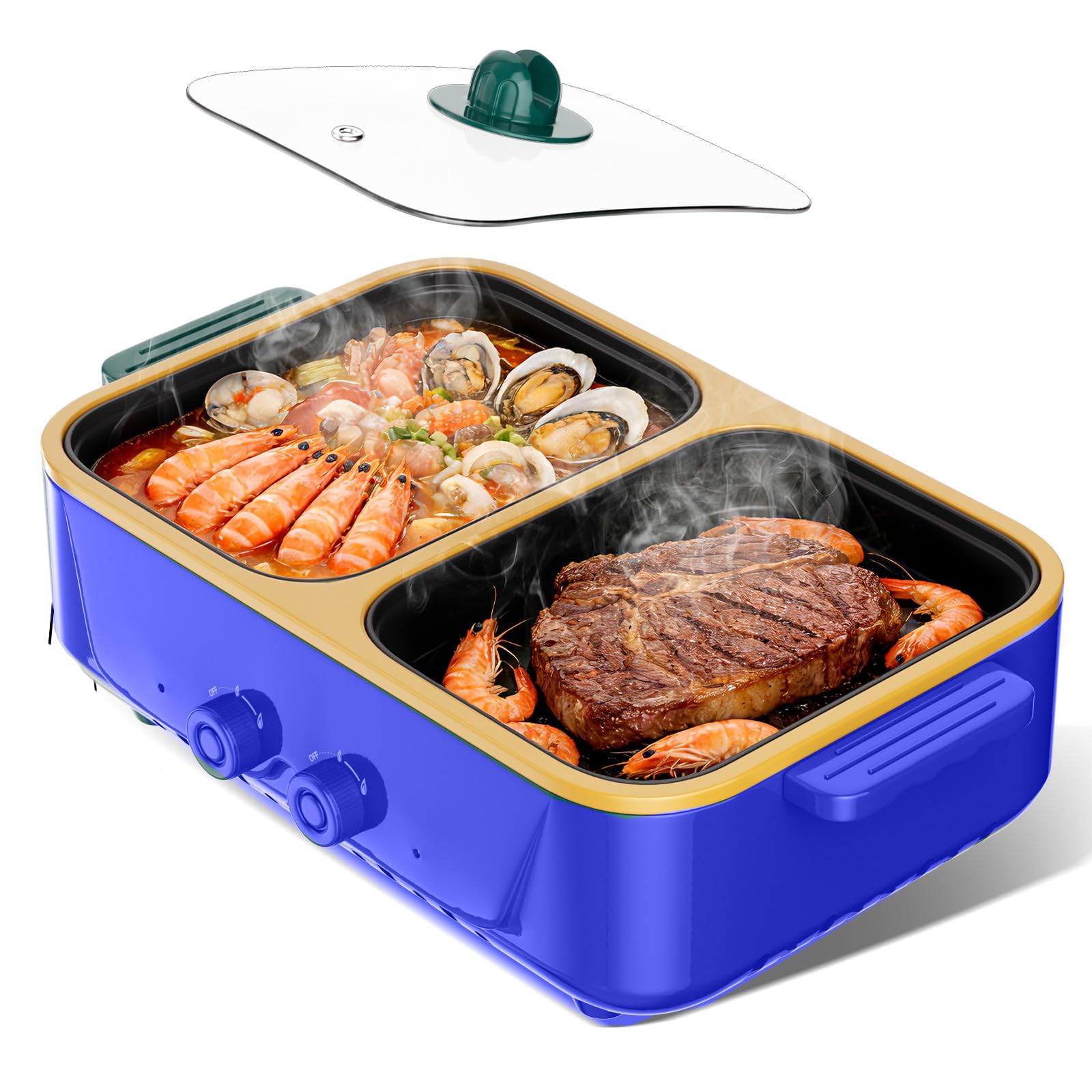 Combinazione di pentola elettrica e grill 2 in 1,1000W doppio controllo della temperatura, riscaldamento rapido - Elettrodomestico da cucina per interni per barbecue, noodles e altro (verde P)