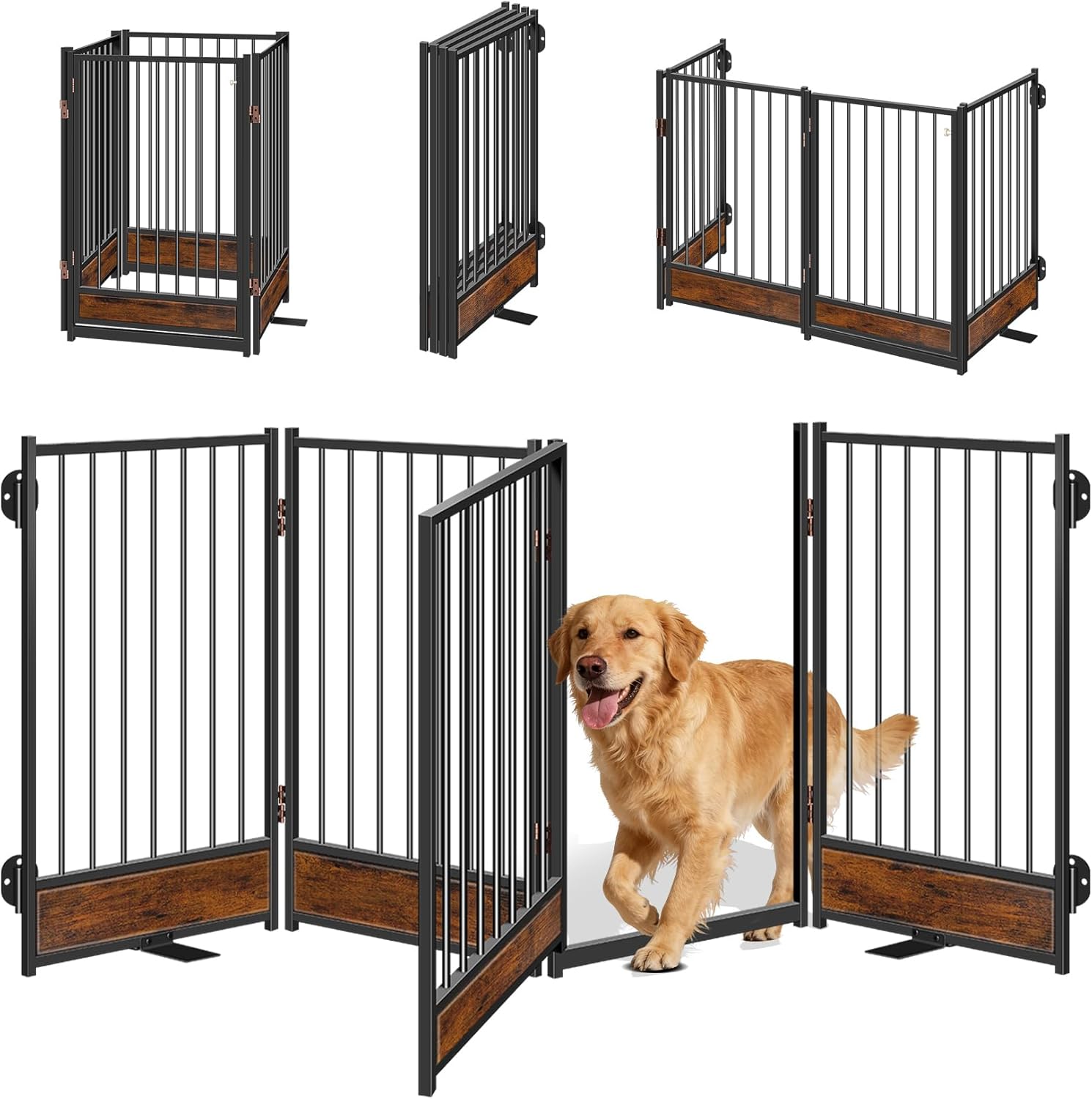 Freestanding Dog Gates with Door Metal Wood for Outdoor Indoor, 81'' Extra Wide 32'' Tall 4 Panels Free Standing Pet Gate for Doorways, Large Openings, Deck,Yard, Foldable Safety Dog Fence, Black