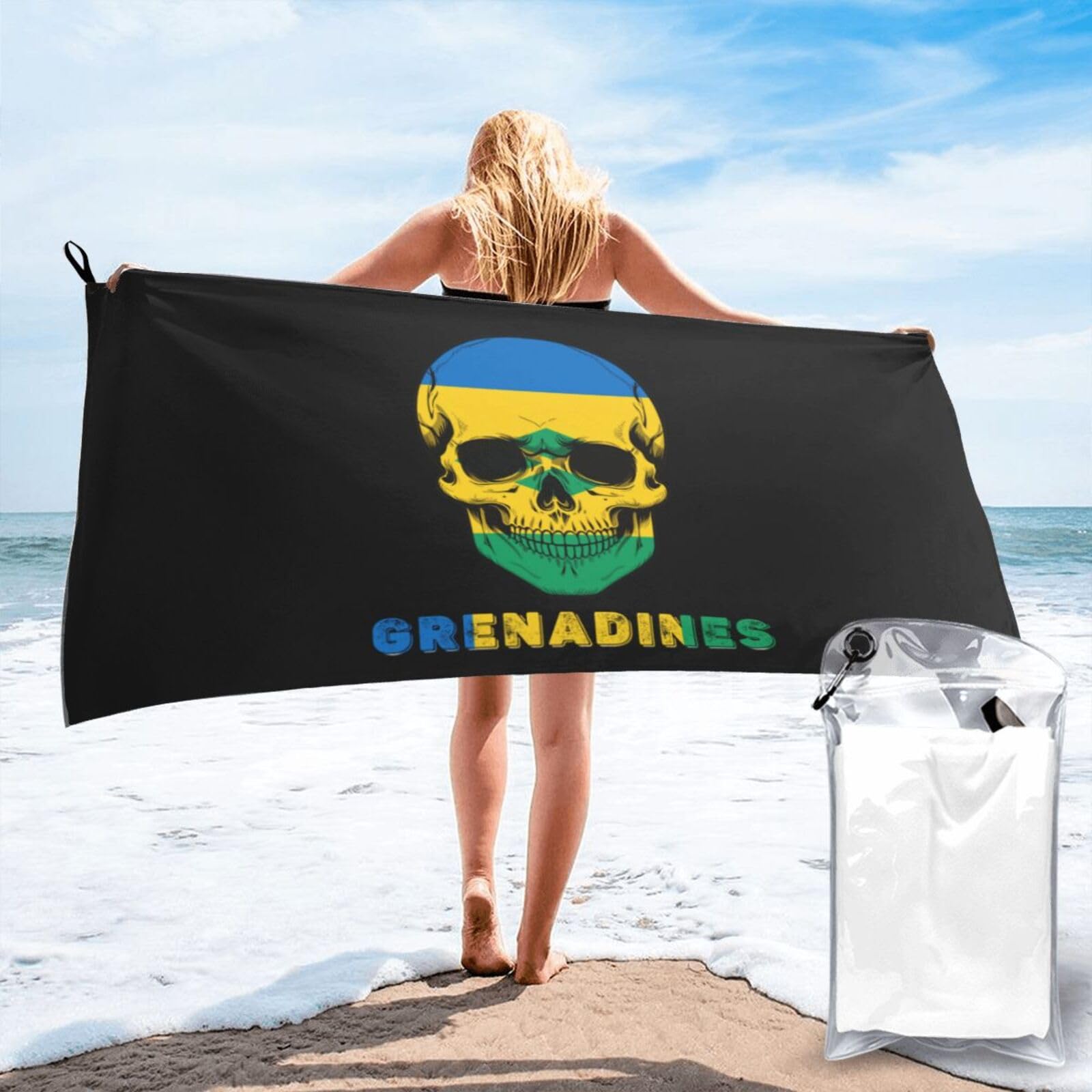 HACXZ Skull Grenadines Flag Lightweight Absorbent Beach Towel Microfiber Beach Towel 27.5"X55"
