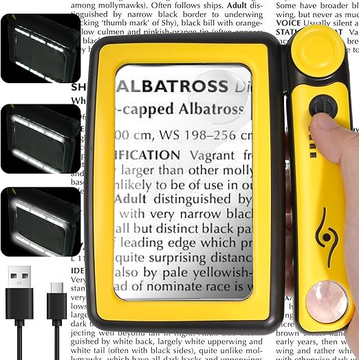 Magnifying Glass with Light, 5X 10X 45X Rechargeable Magnifier with 20 LED, 3 Light Modes Folding Lighted Magnifying Glass Handheld for Seniors Low Vision Reading (Yellow & Black)