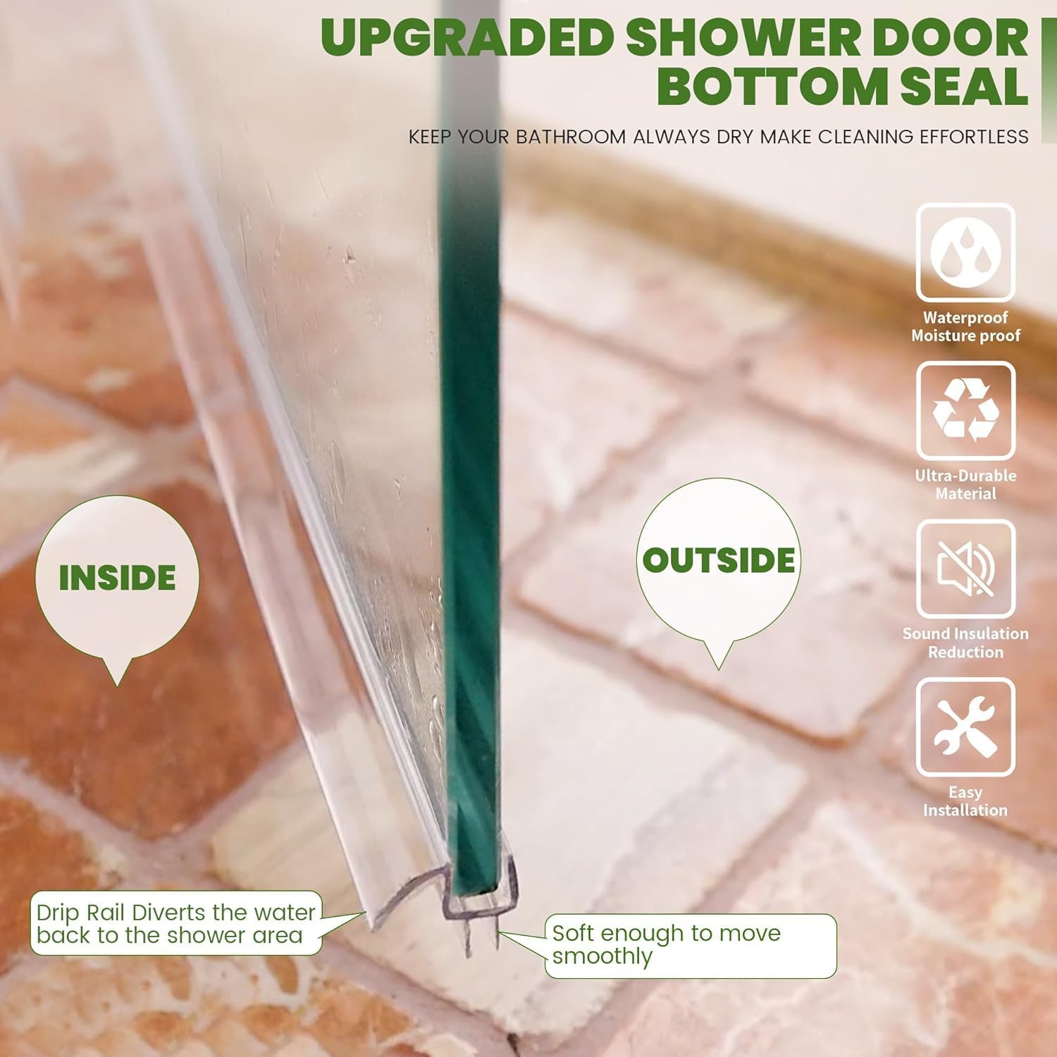 Shower Door Seal for Frameless 5/16"(8mm) Thick Glass Door, 2 Pack x 39" Long Shower Glass Door Bottom Seal Strip with Sweep, Ultra-Clear PVC Seal Strip (for 3/8" Glass)