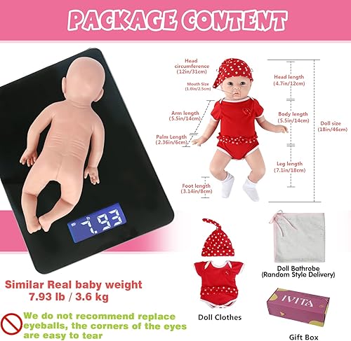 Miniatura 6 de IVITA Muñecas de bebé de silicona de cuerpo completo de 18 pulgadas, no muñecas de vinilo, muñecas de bebé recién nacidas de silicona real, muñecas