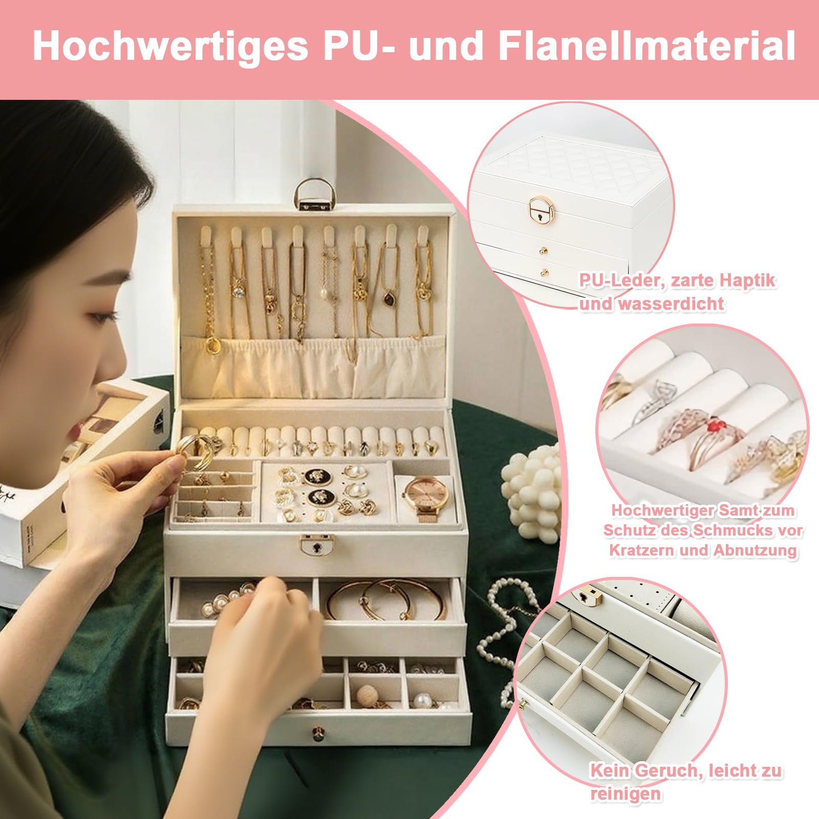 3 Ebenen Schmuckkästchen Schmuckkasten Groß PU Schmuckschatulle Weiß Schmuckbox mit Schlüssel und Schubladen Schmuckaufbewahrung Organizers für Ohrringe, Armbänder, Ringe Fashion