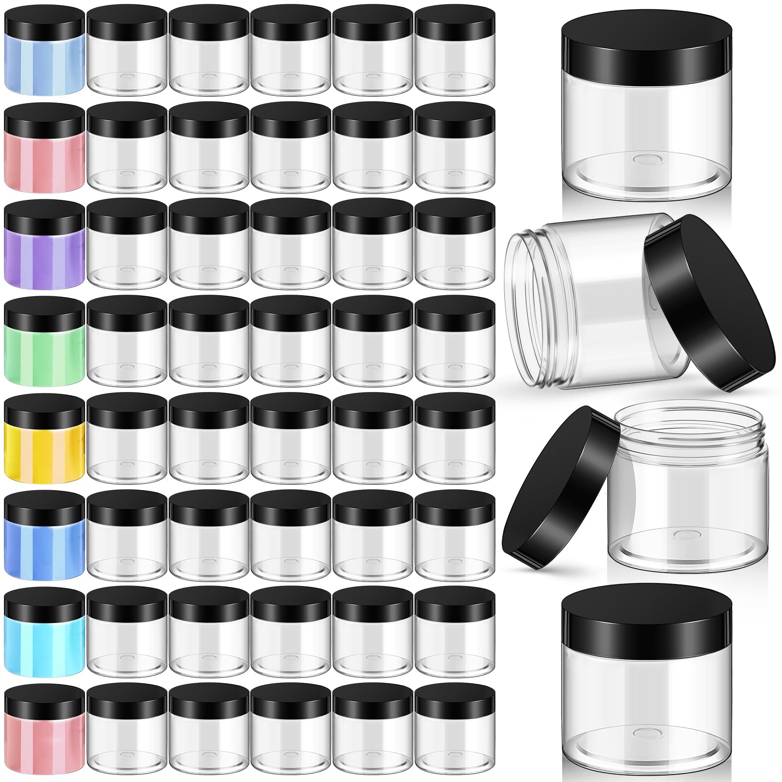 Patelai 48 Pack 4 oz Clear Plastic Jars with Black Lids Empty Containers Round Clear Plastic Jars Wide-mouth Refillable Storage Organizers for Cosmetics Lotions Butters Slime Making and Food Storage