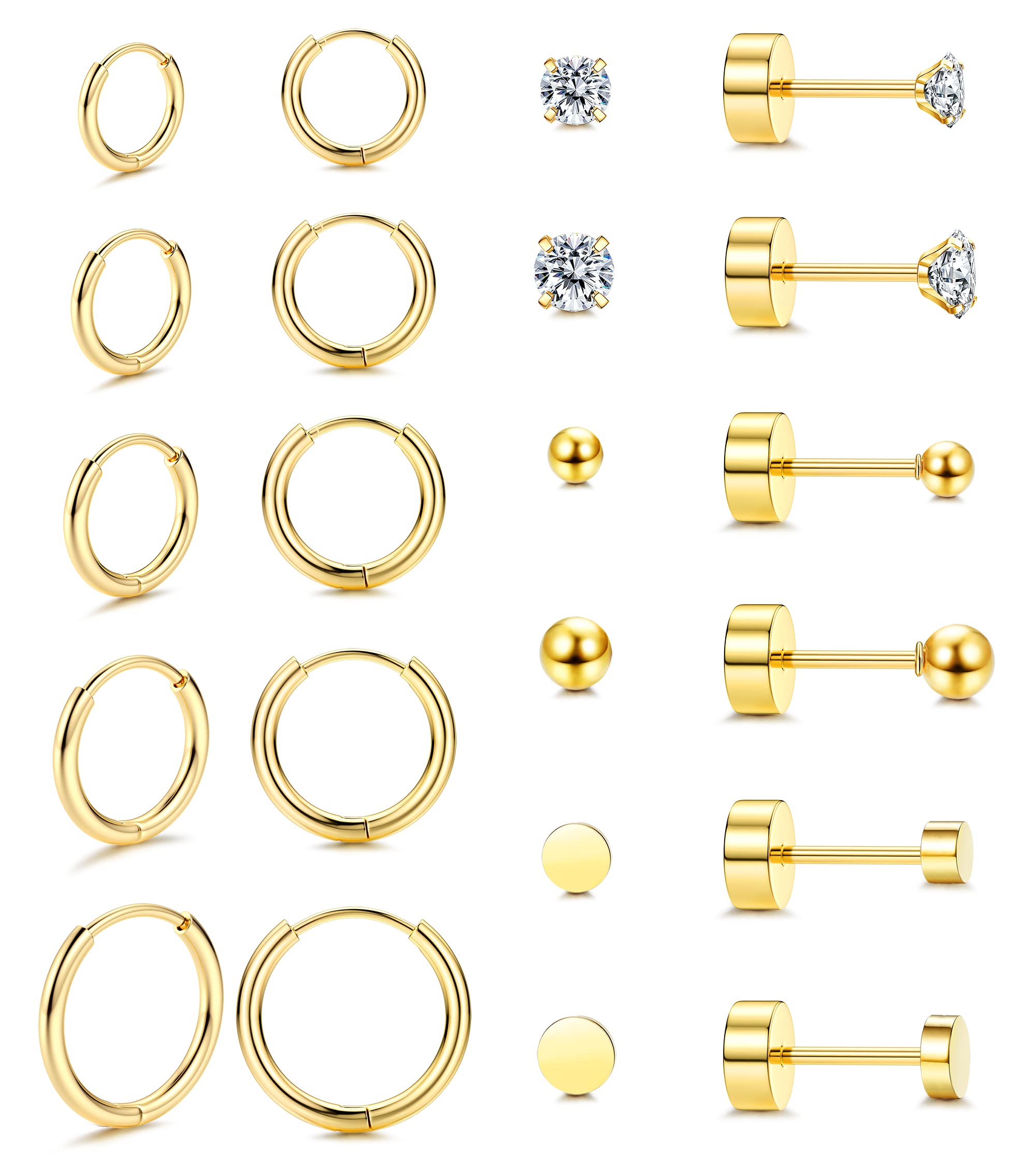 Adramata Pendientes de Tuerca, 14K Chapado en Oro Stud Pendientes para Mujeres, Acero Inoxidable Aros Circoniña Pendientes, Cartílago Pendientes Hipoalergénicos Piercing Oreja Joyería
