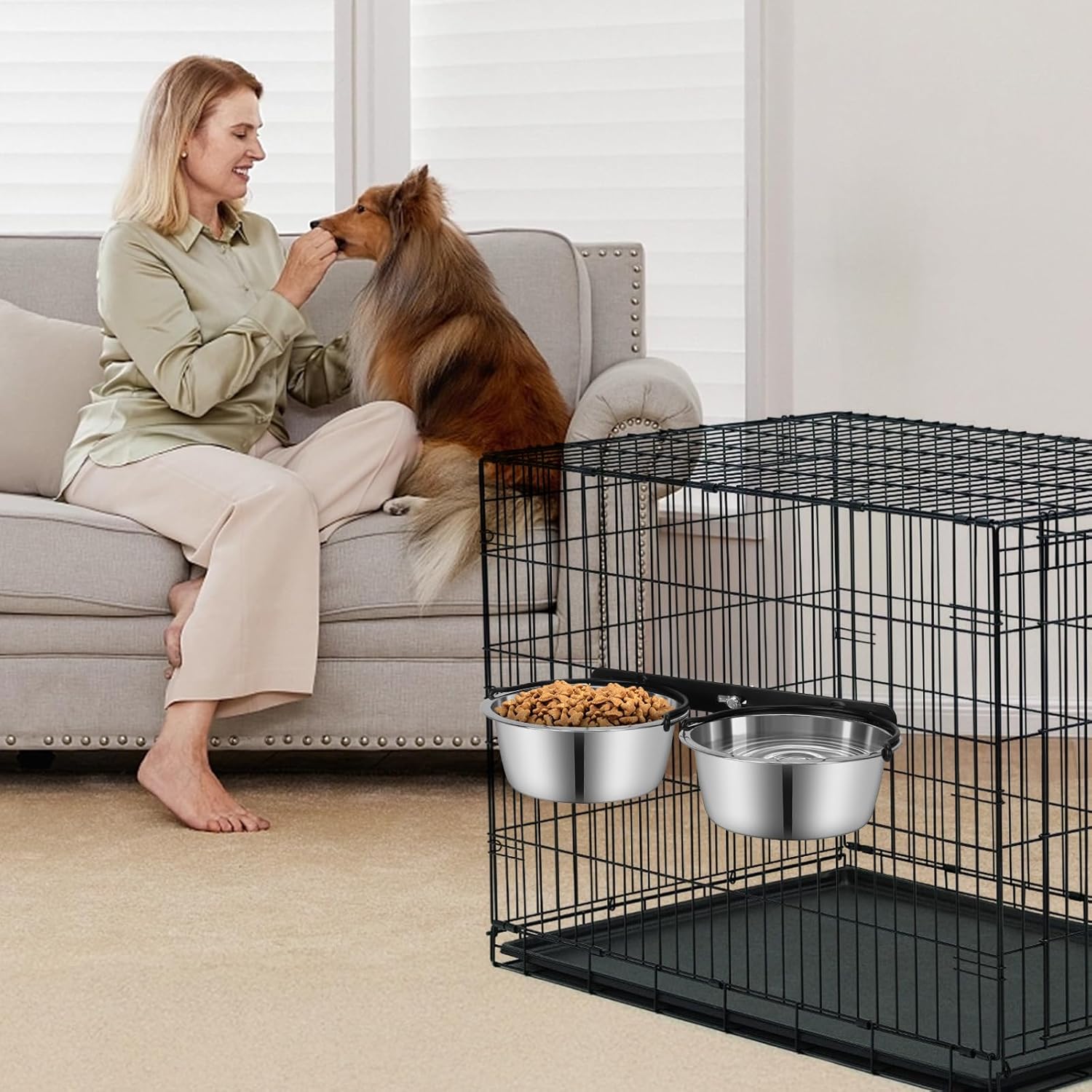 Dog Crate Water Bowl No Spill, ShineMe Dog Food and Water Bowl Set Mountable, Hanging Feeding Bowls for Dogs Cage - 28oz Crate Bowls for Small & Medium Dogs, Cats, Pets