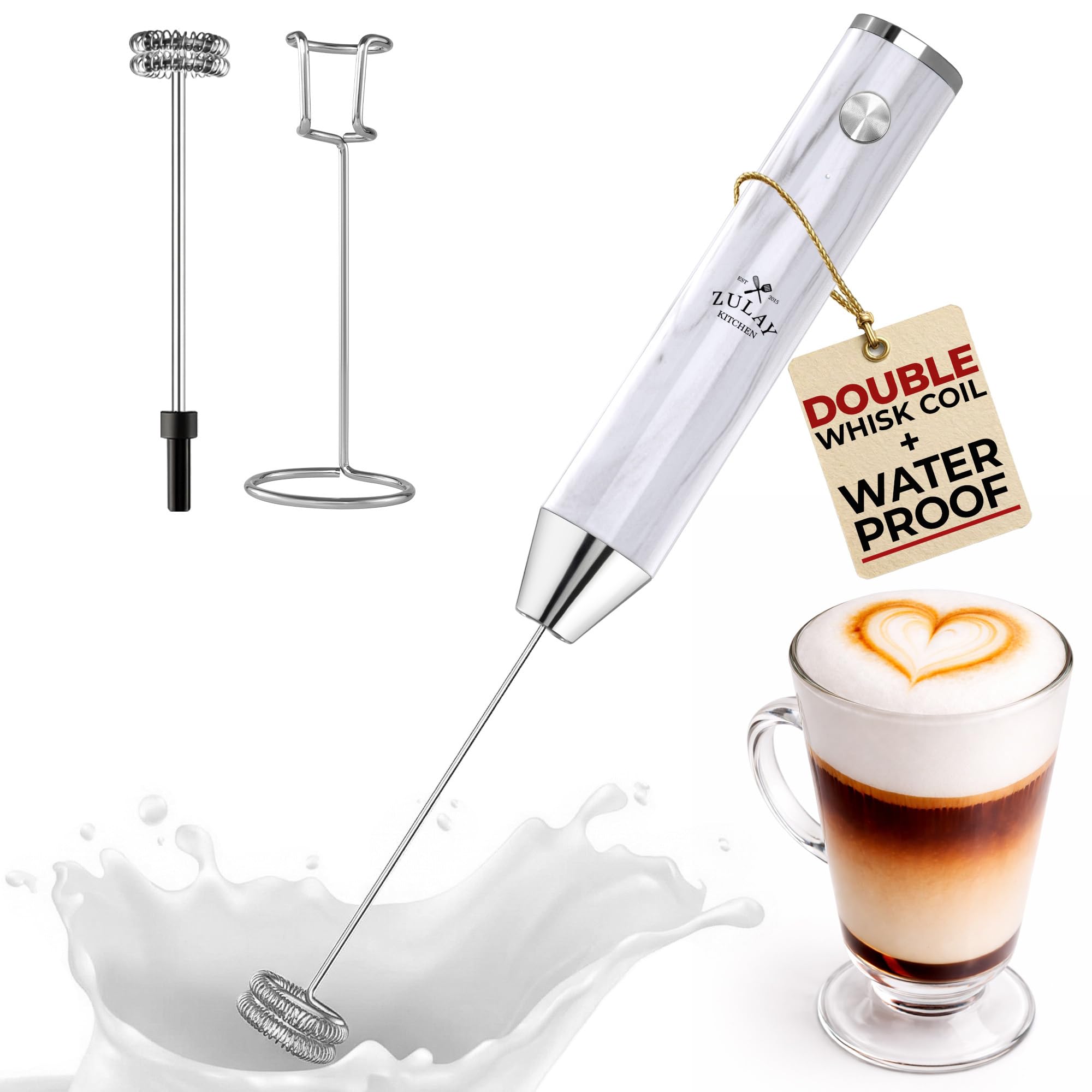 Zulay Kitchen Rechargeable Milk Frother Handheld - Frother Wand, Drink Mixer, Electric Whisk Frother, for Cappuccinos, Matcha &amp; Protein Powder - Lux Double Whisk 2 Speed Waterproof 2000mAh Marble