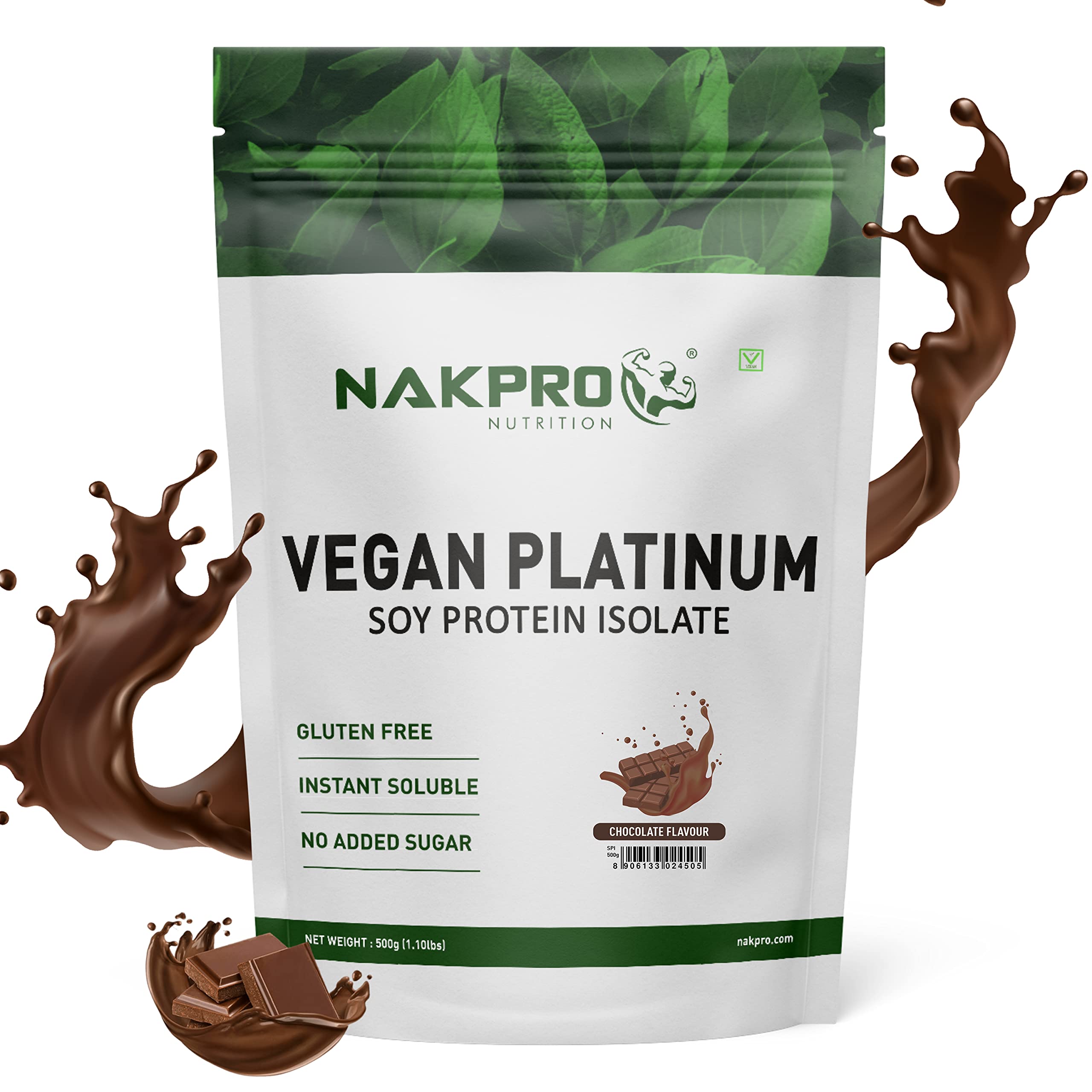 NAKPROVegan Soy Protein Isolate 90% | Raw, Pure, Natural & Vegetarian Plant Protein Supplement Powder 500g - (Chocolate, 500g)