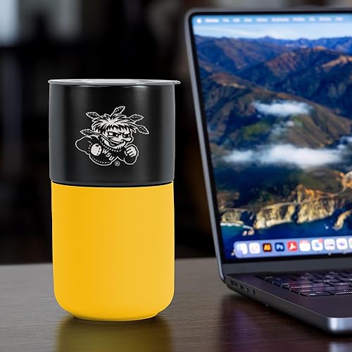 Miniatura 348 de Rico Industries NCAA Miami of Ohio Redhawks - Vaso de cerámica de 16 onzas con agarre de silicona, grabado láser profundo, diseño de color negro