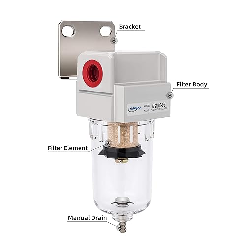 Miniatura 9 de NANPU Filtro de línea de aire comprimido NPT de 12", elemento de latón de 5 micrones, soporte, cuenco de polietileno, 145 psi
