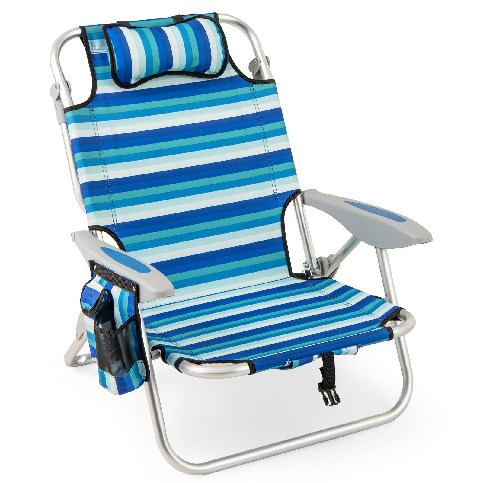 TANGZON Set of 2 Folding Beach Chairs, Camping Chair with Adjustable Backrest, Padded Headrest, Towel Bar & Storage Pockets, Outdoor Portable Armchairs (1 Striped Blue, 62 x 80 x 80 cm)