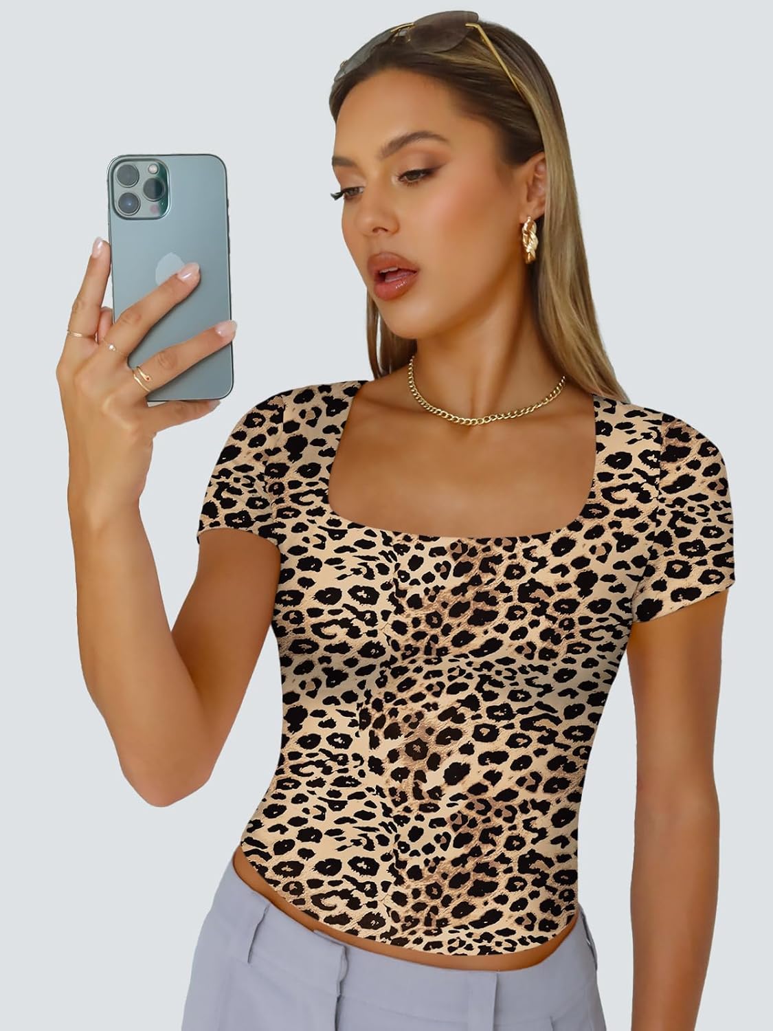 Trendy Queen Double Lined Tops for Women Square Neck Cute Going Out Short Sleeve Shirts Spring Summer Crop Tops Teens Tees - Image 6