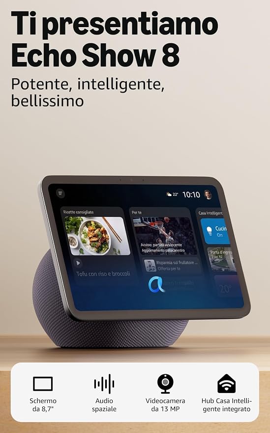Amazon Echo Show 8 (ultimo modello) - Schermo HD da 8,7" con colori vibranti, audio spaziale, Grafite, con Accesso Anticipato ad Alexa+