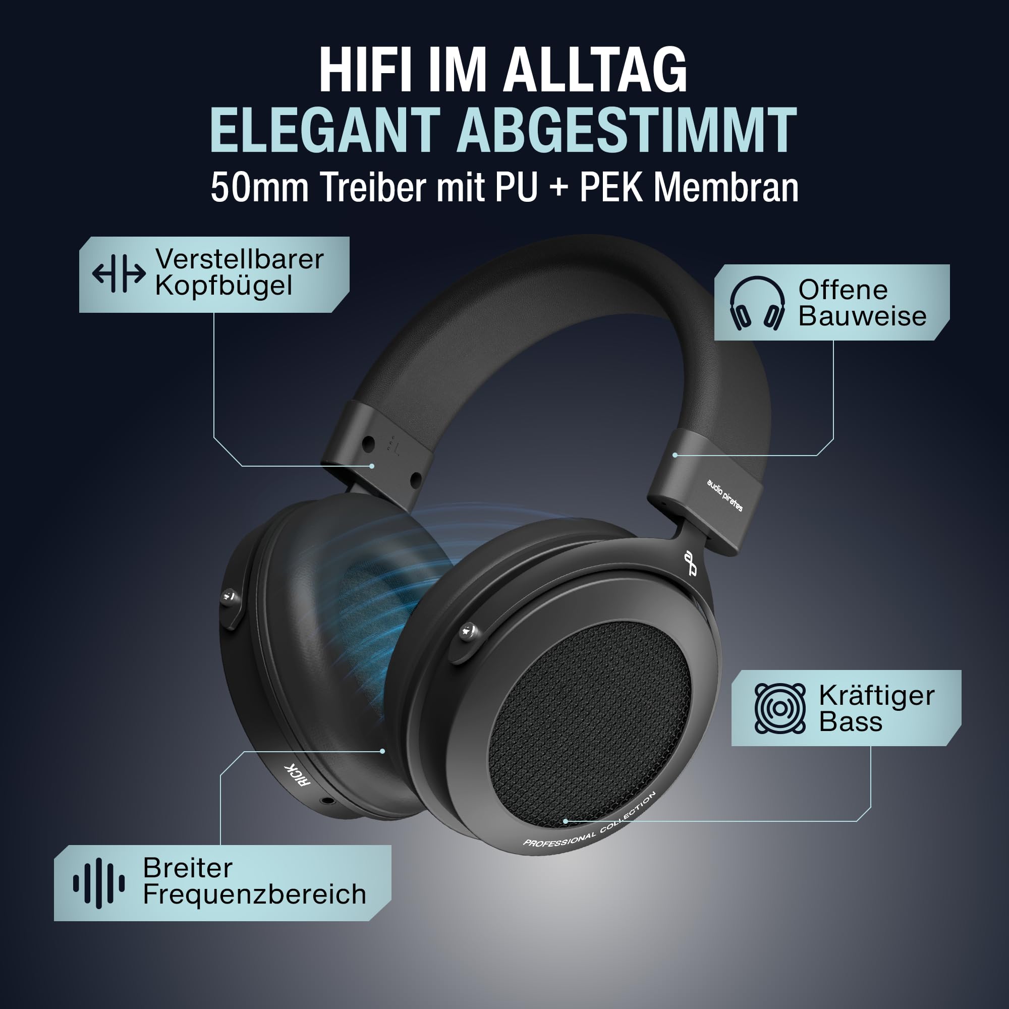 audio pirates Rick Over-Ear HiFi-Kopfhörer, Offenes Design | mit Case, 3m Kabel, 3,5mm / 6,3 mm Klinke-Adapter, Dezenter Bass, warm abgestimmt, Musik, TV & Hörspiel | Professional Collection