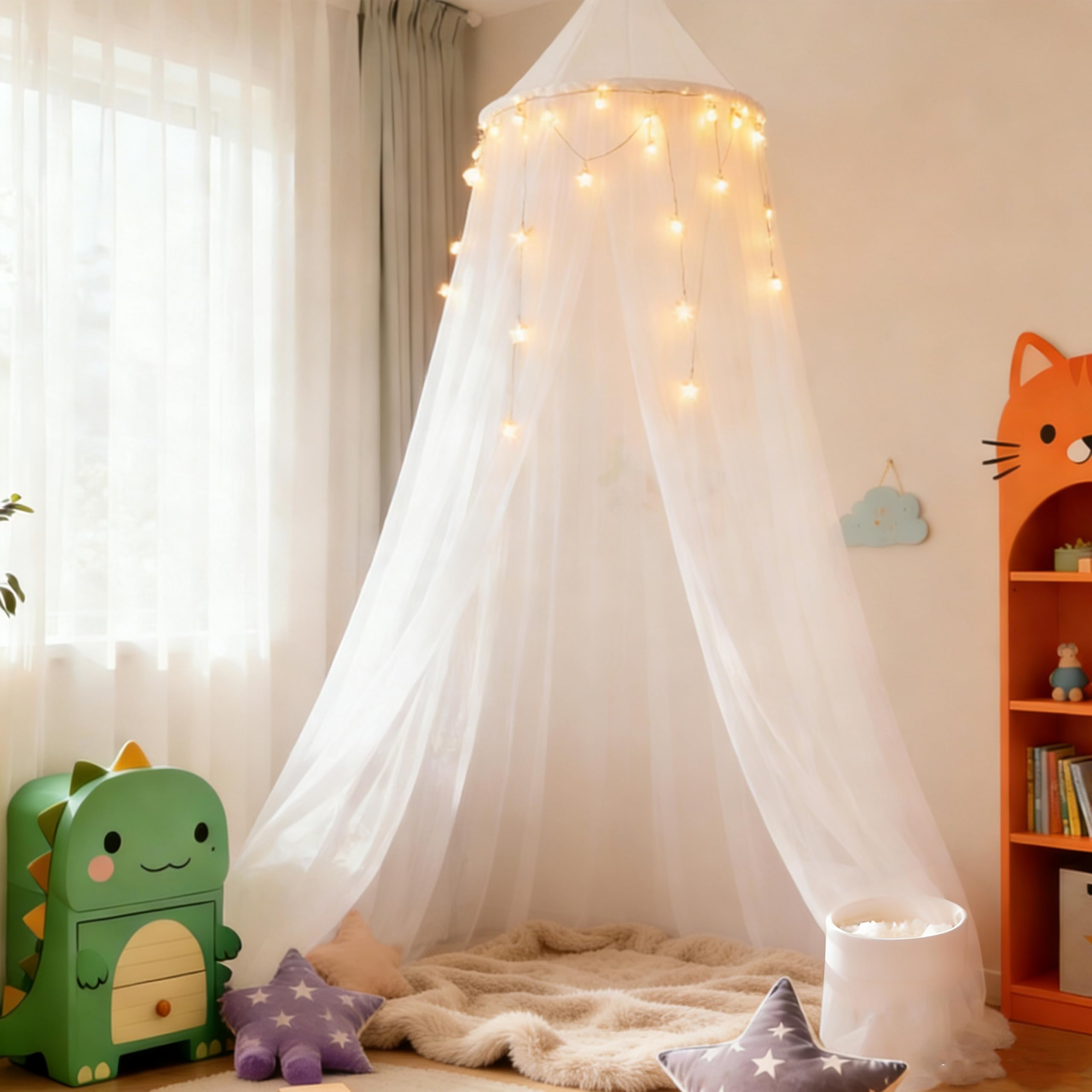 Wnqou Rainbow Bed Canopy for Girls,X-Large Princess Canopy Hanging Netting Bedroom Decor for Girls Mosquito Net for Baby Crib Twin to King Size Bed (White+Lights) - Image 2