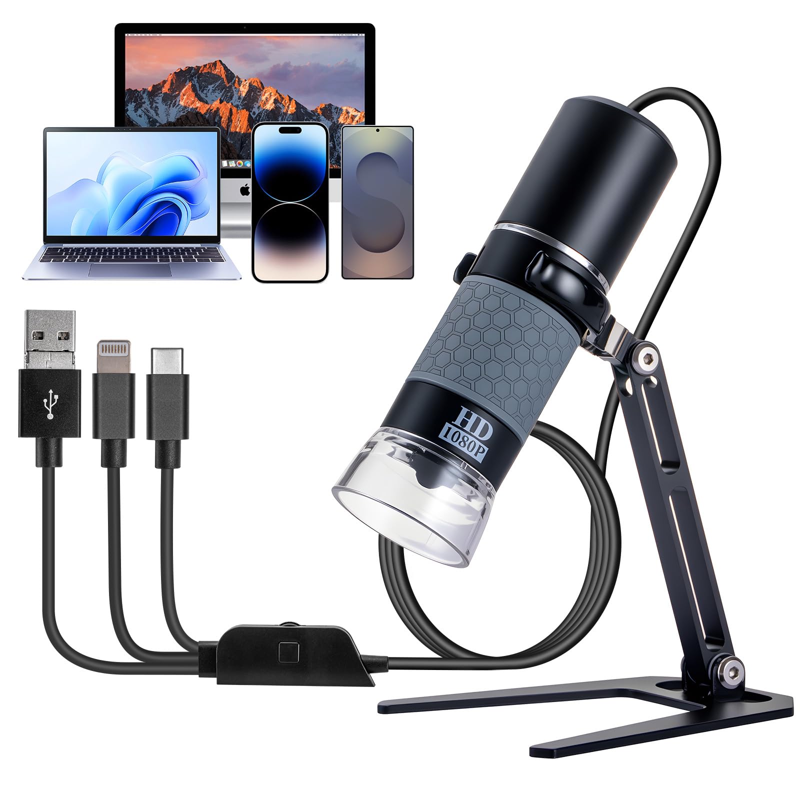 USB Microscope Compatible with iPhone Android Phone Tablet and Windows Mac PC, HD 1080P Wired Digital Microscope Camera for Adults and Kids