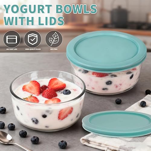 Miniatura 2 de Paquete de 2 recipientes de vidrio para yogur con tapas, tazón de yogur reutilizable con tapa, gran capacidad para hacer más sin esperar, juego de