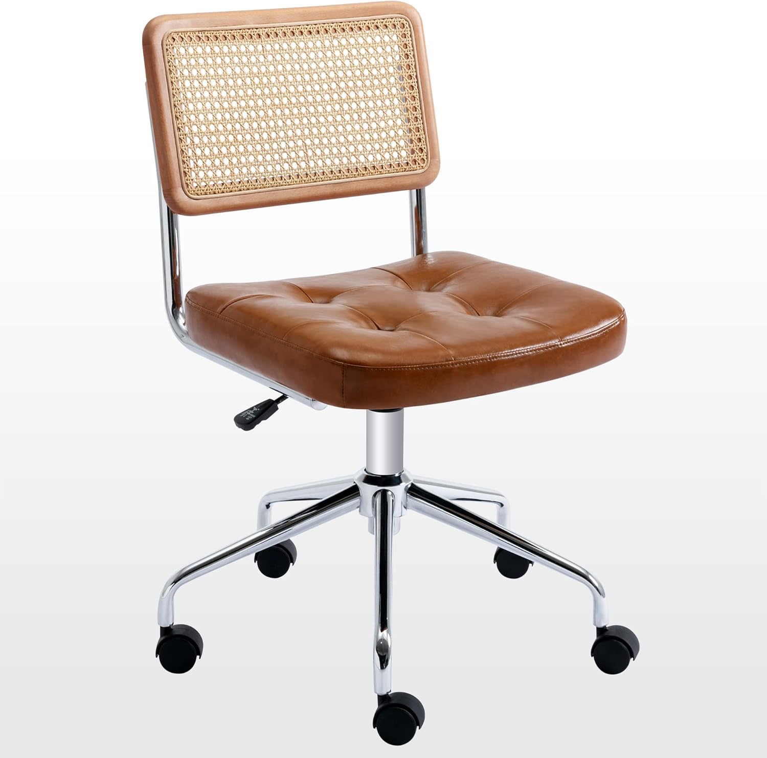 Zesthouse Mid Century Home Office Chair Leather Desk Chair with Rattan Back, Vanity Chair for Girls Women, Upholstered Swivel Chair, Adjustable Height Computer Task Chair Brown Armless