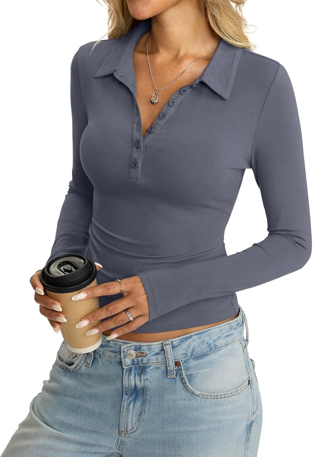 Womens Cotton Polo Collared Shirt Long Sleeve Sexy Deep V Neck Top Button Up Slim Fitted Tee Business Casual Outfit - Image 3