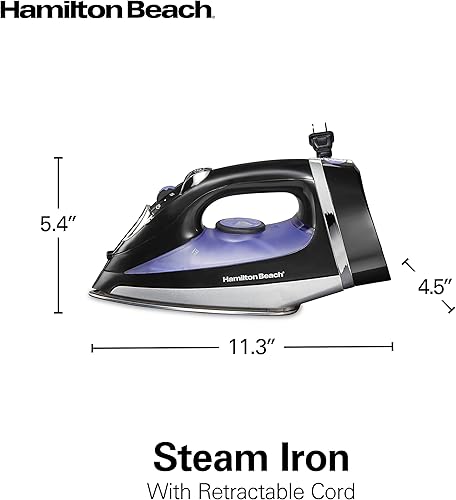 Miniatura 8 de Hamilton Beach Plancha de vapor para ropa y prendas de vestir con suela de acero inoxidable de prensa suave, 1200 vatios, cable retráctil de 8 pies,