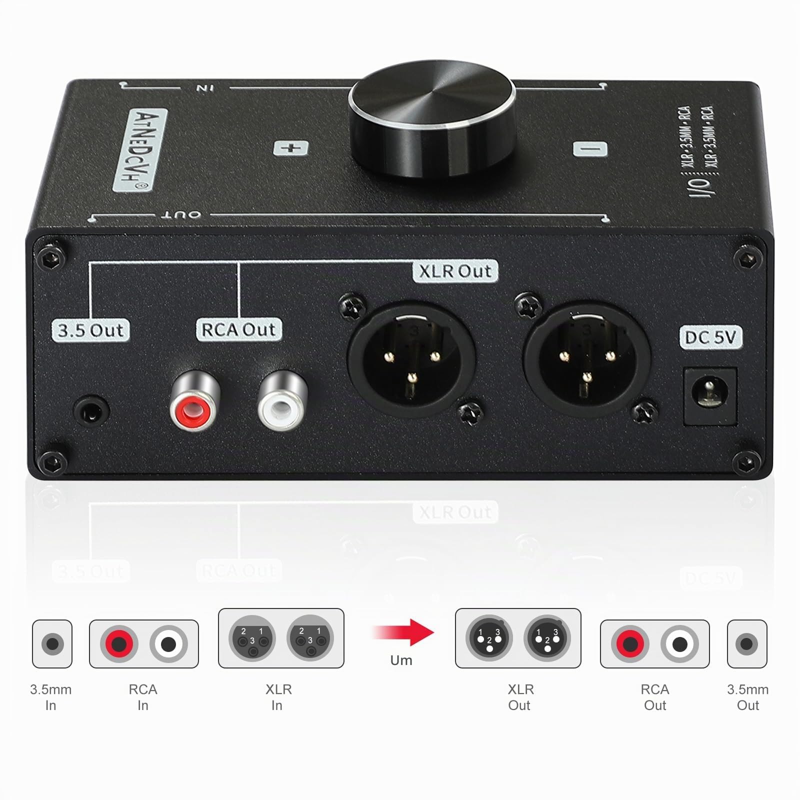 Stereo Audio Vorverstärker – XLR symmetrischer RCA 3,5mm Eingang auf XLR RCA 3,5mm Ausgang, Konverter Adapter Verstärker für Phono Plattenspieler Phonograph (Schwarz)