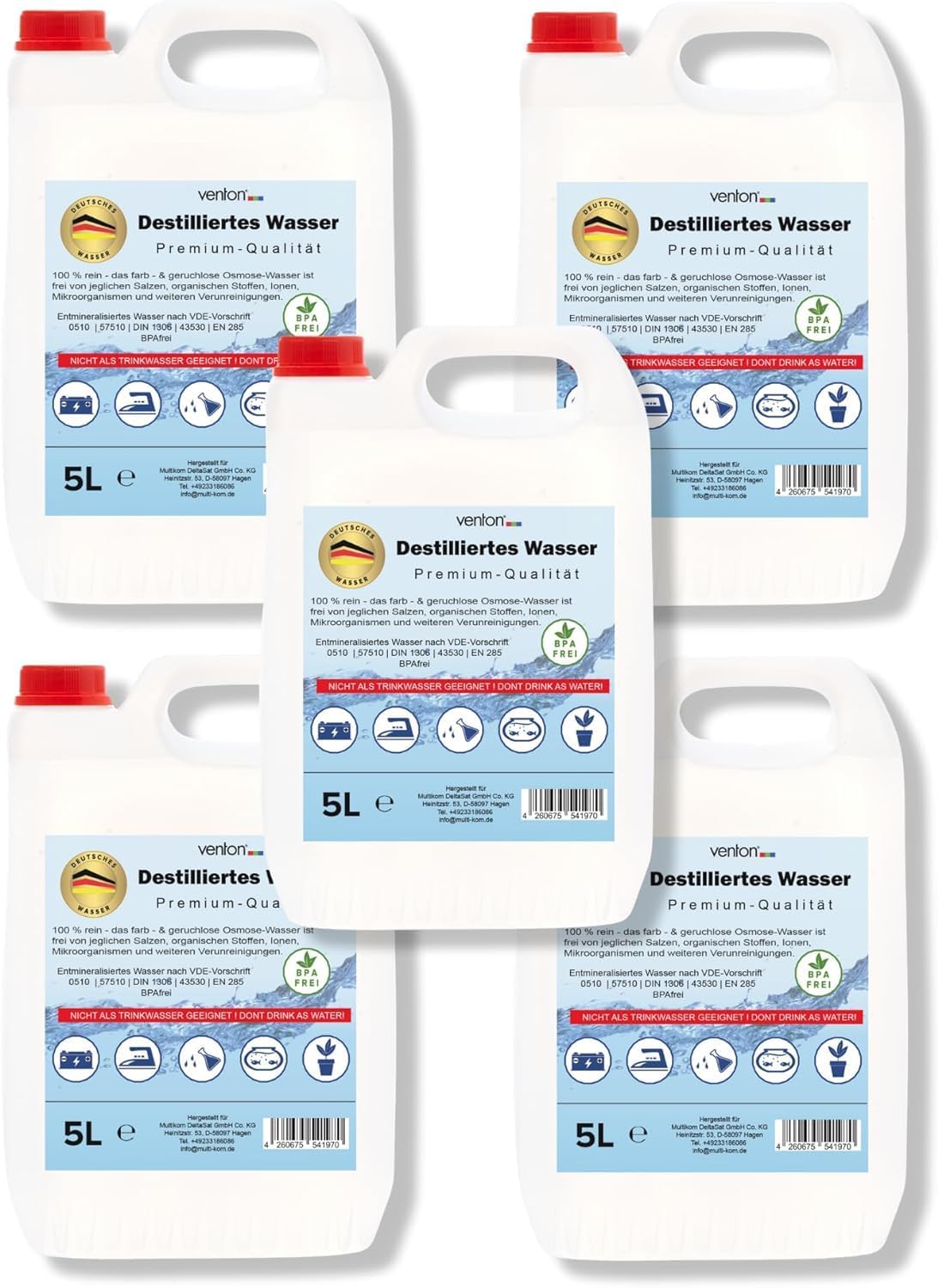 VENTON Destilliertes Wasser, 25 Liter (5 x 5 Liter), Geeignet für Batterien, Aquarien, Bügeleisen & Pflanzen, Aquarien- und Teichwasseraufbereitung (Chemica)