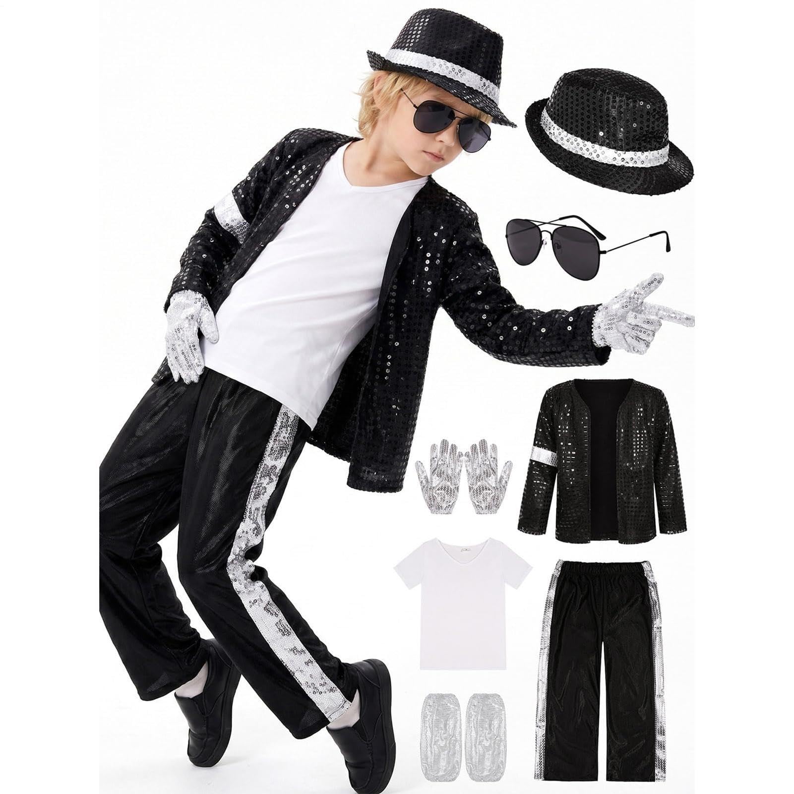 Genérico Disfraz Michael Disfraz Jackson Niño, Costume Para Niño, Chaqueta Y Pantalón Lentejosos Estilo Años 80-90, Para Halloween Carnaval Christmas
