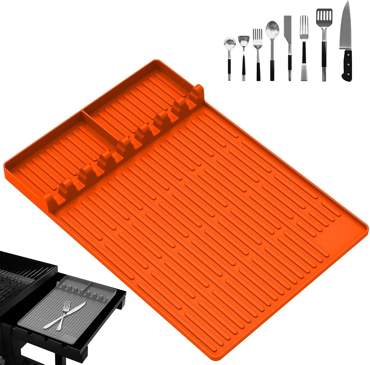 Premium Non-Slip Silicone Grill Mat with Drain Tray Compatible with Blackstone – Heat-Resistant BBQ Counter Protector for Outdoor Cooking, Fits Most Griddles & Countertops, Reusable Thawing Plate