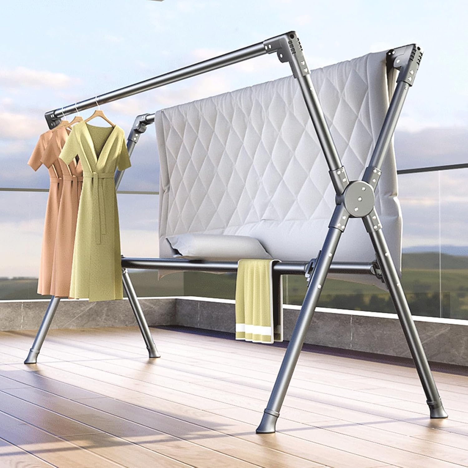 Folding Aluminium Clothes Drying Rack - X-Shape Laundry Stand with Double Poles & Mesh Tray for Quick-Dry Towels, Bed Linen & Clothing - Lightweight, Space-Saving Design