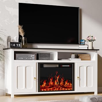 PUKAMI 58" Fireplace TV Stand with 23" Fireplace up to 65" TVs, Media Entertainment Center Console Table with Open Storage Shelves and Cabinets for Living Room, Black Tabletop