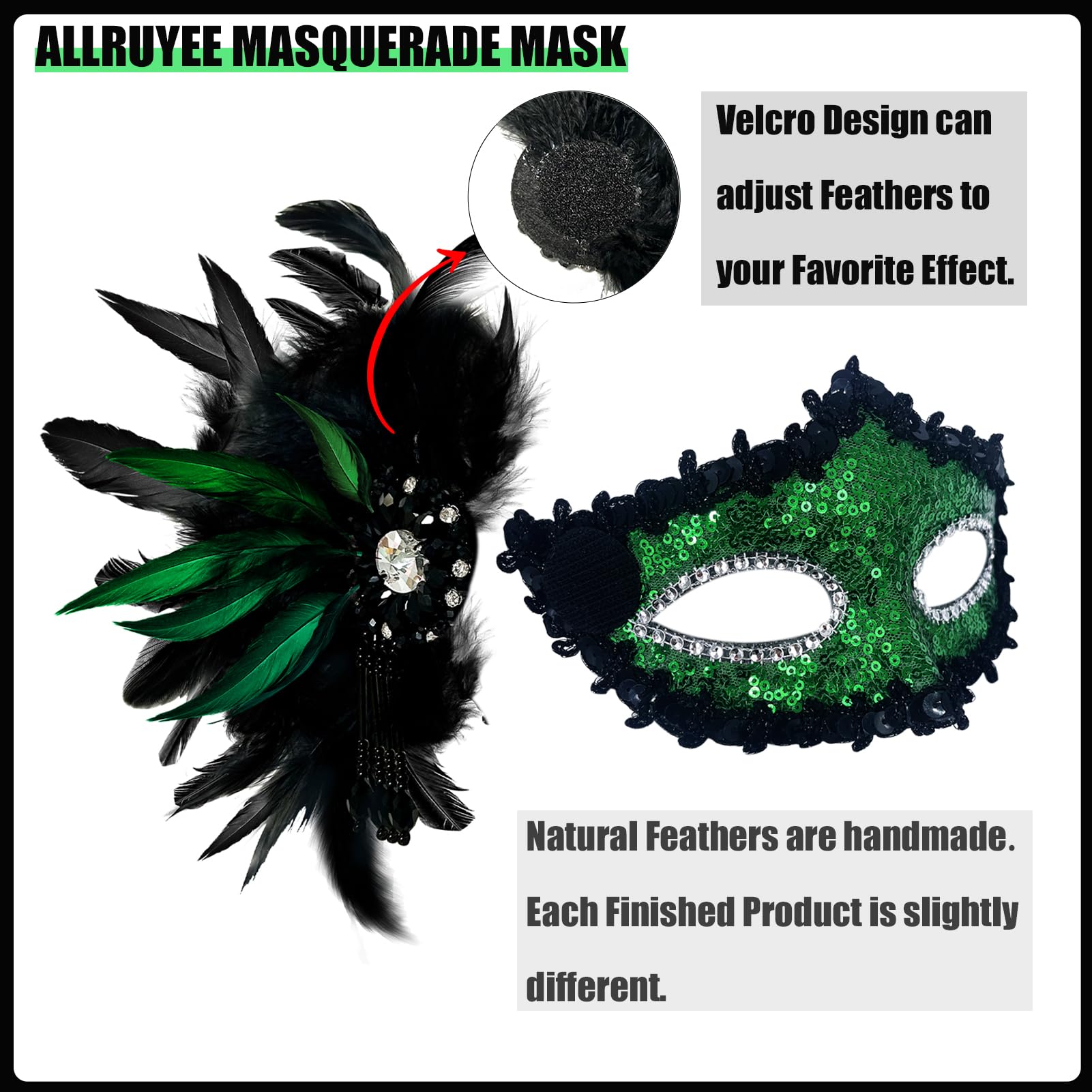 Allruyee 2025 New Masquerade Mask for Couple - Masquerade Mask Women with Feathers & Venetian Mask Men for Mardi Gras Party(Green) - Image 2