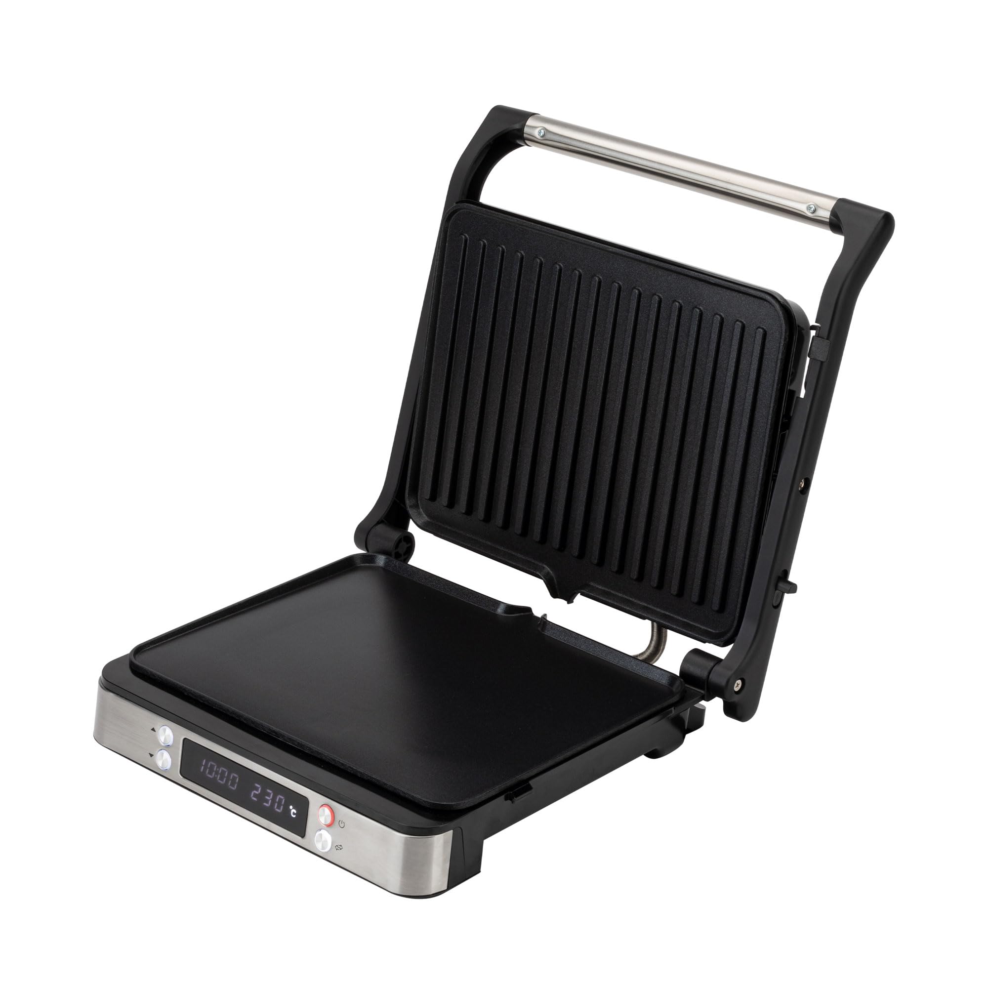 JATA JEGR1529 - Grill Eléctrico Digital 2000 W. Parrilla con apertura total 180° | Pantalla LED | Placas mixtas antiadherentes sin PFOA | Tapa basculante | Bandeja recogegrasas