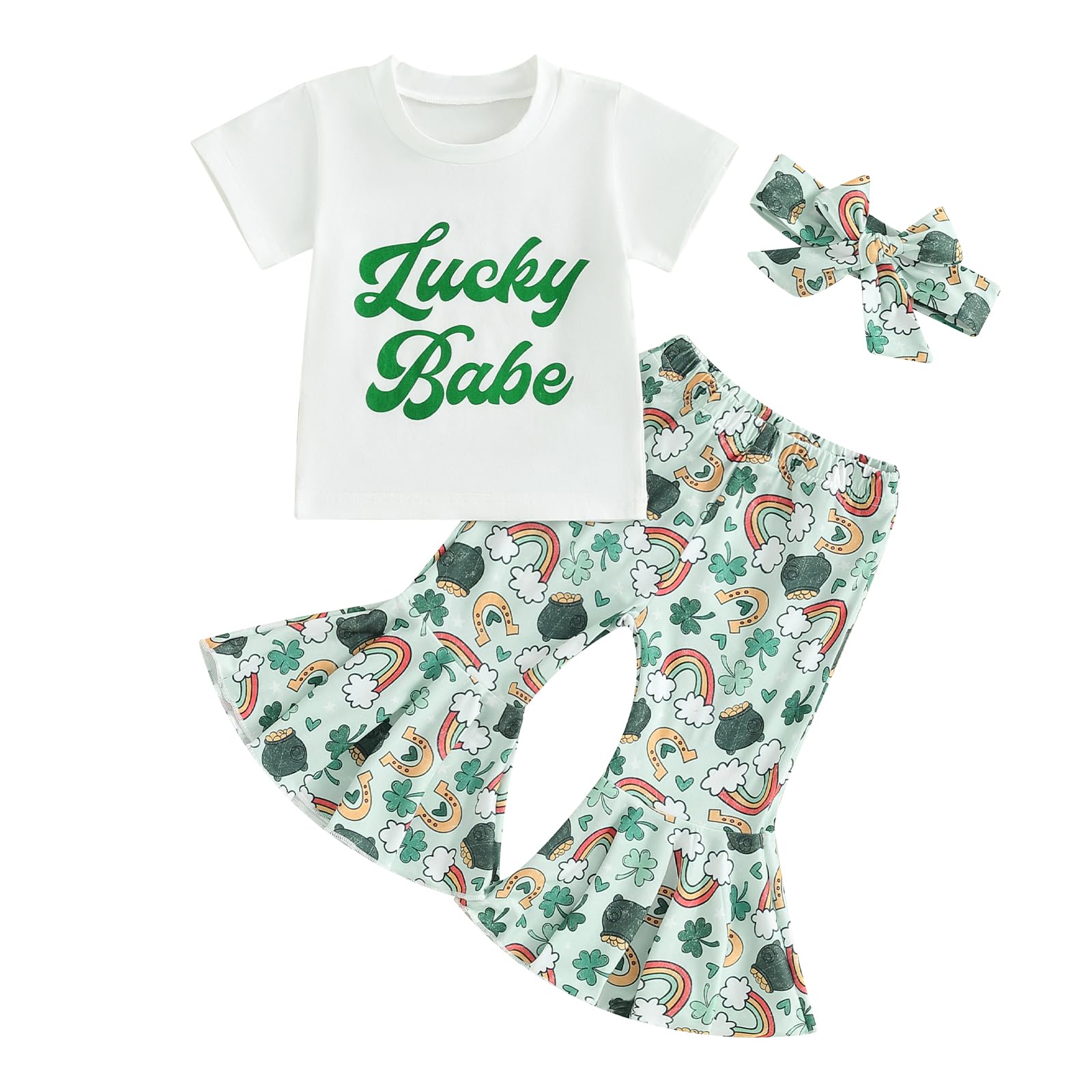 LoalirandoToddler Baby Girl St.Patricks Day Outfits Ireland Short Sleeve Lucky Babe Sweatshirt Top Shamrock Print Flare Pants Headband 3Pcs