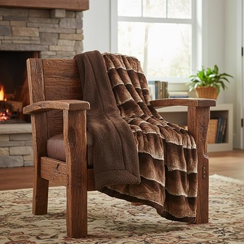 Tache 63 X 90 Pulgadas Elegante Dorada Marrón Oscuro Piel Sintética Súper Suave Cálida Sherpa Manta de Sofá, Tamaño Individual