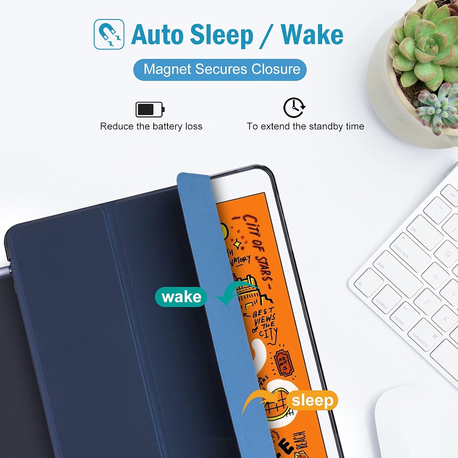 ProCase Slim Cover for iPad mini 5 Generation 2019/ Mini 4 3 2 1 (Old Model) 7.9 inch, Slim Soft TPU Back Cover Trifold Stand Folio Smart Case for iPad mini 5 4 3 2 1 -Navy