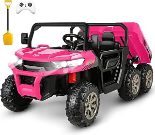 Hikole 2 Seater Ride on UTV for Kids, 24V 6x6 4WD Electric Car Truck with Remote Control, 6 Wheeler, Dump Bed, Music-24 Volt Ride On Toys for Big Kids Boys Girls 4-8 w/6 Spring Suspension, Pink