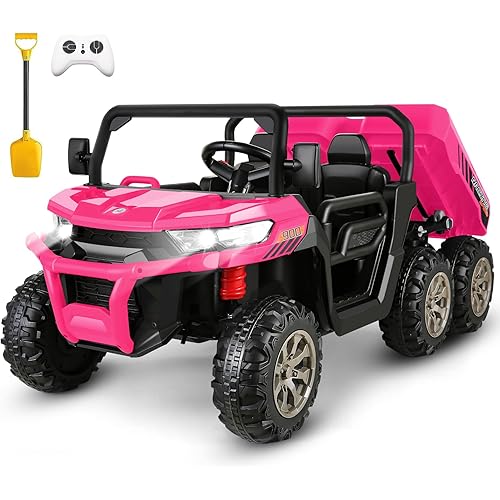 Hikole 2 Seater Ride on UTV for Kids, 24V 6x6 4WD Electric Car Truck with Remote Control, 6 Wheeler, Dump Bed, Music-24 Volt Ride On Toys for Big Kids Boys Girls 4-8 w/6 Spring Suspension, Pink