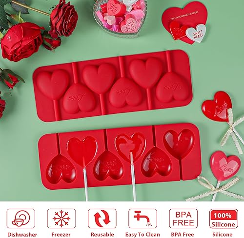 Miniatura 4 de Webake Moldes de piruleta de corazón con 6 agujeros en forma de corazón, moldes de chocolate con palitos de paletas, moldes de silicona con corazón