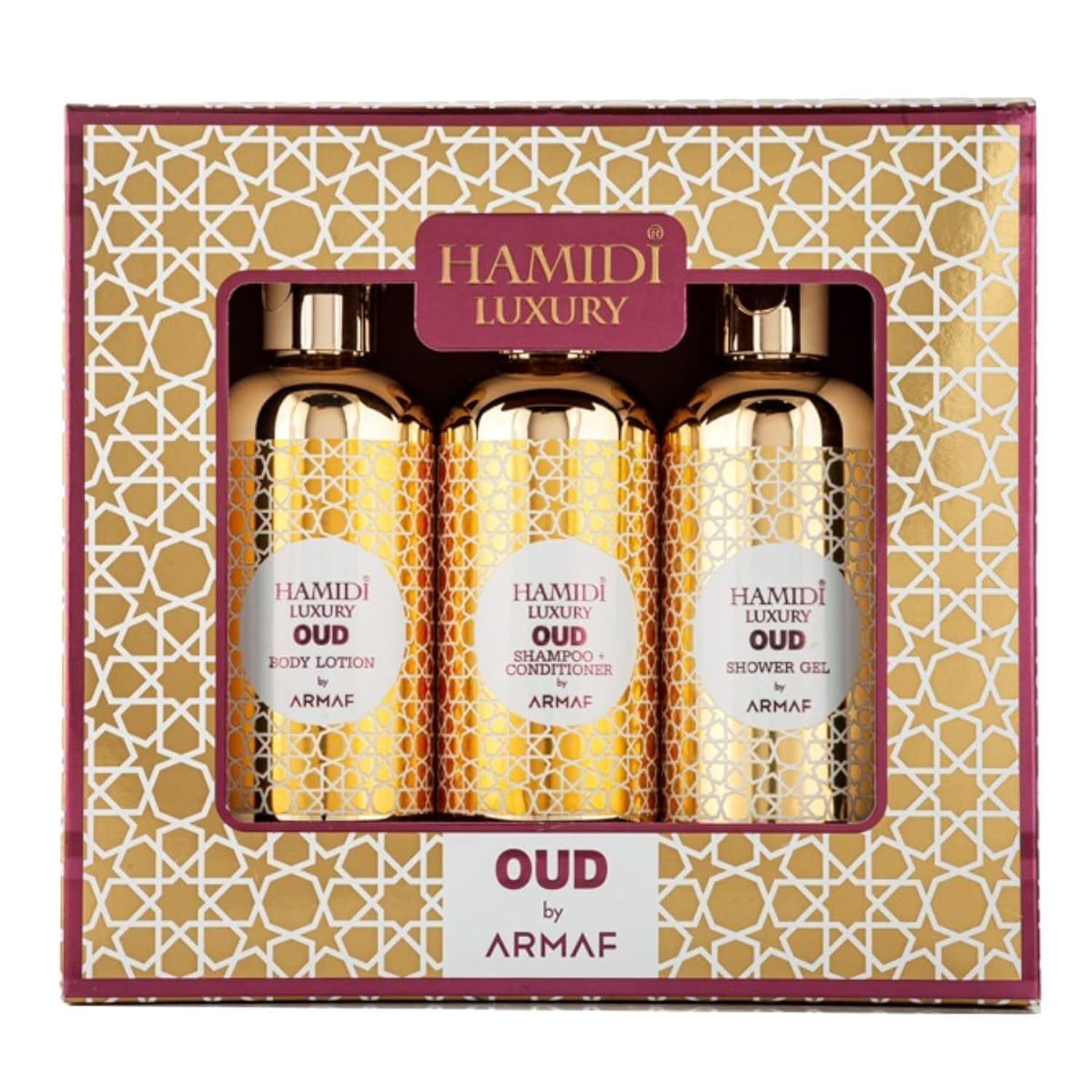 Hamidi Luxury Oud by Armaf, 3 Pieces Gift Set For Men & Women, Oud Shower Gel 95ml, Oud Body Lotion 95ml, Oud Shampoo & Conditioner 2 in 1 95ml | Alcohol Free | Hair & Skin Care Product | Daily Care