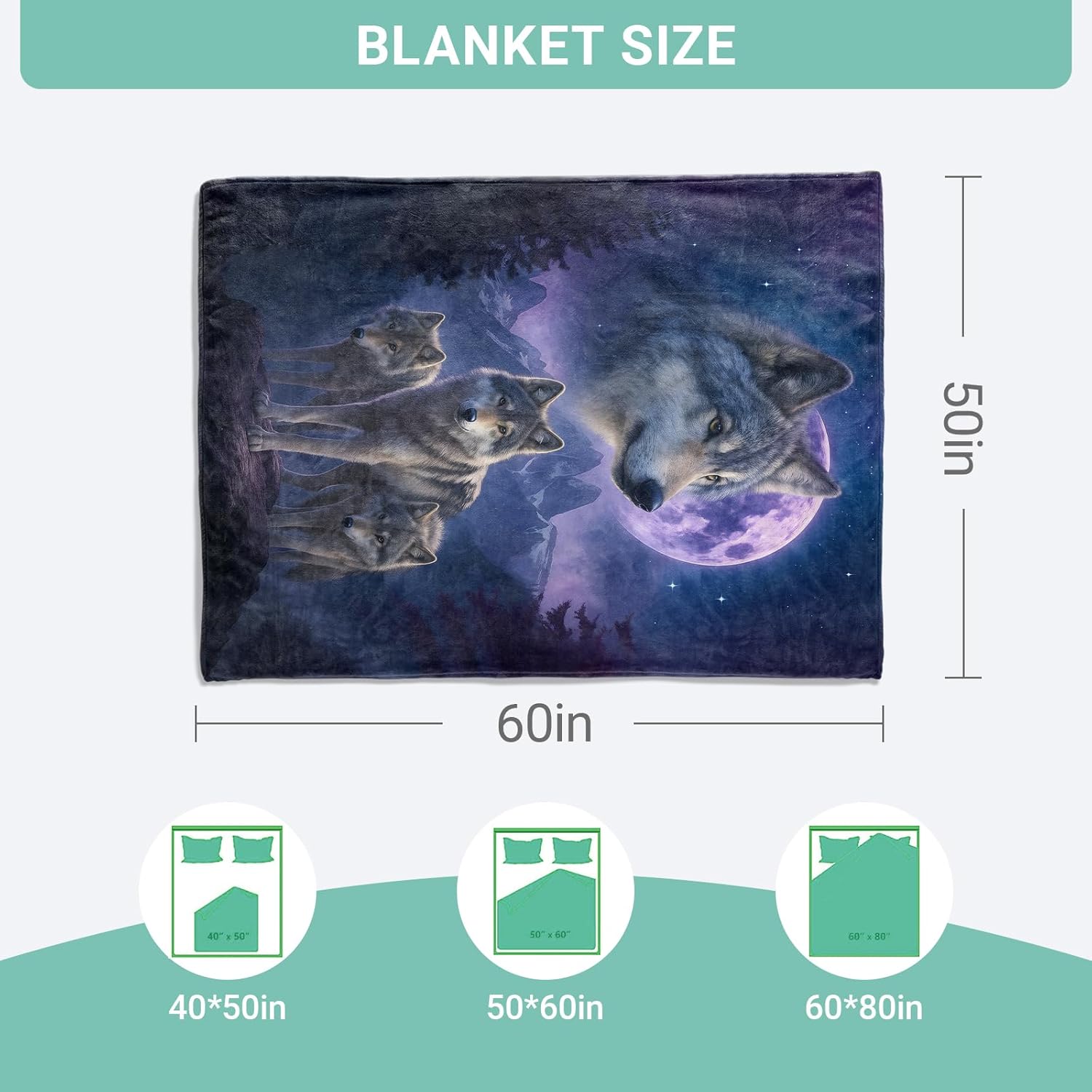 Fantasy Wolf Moon Throw Blanket, Majestic Animal and Night Sky Flannel Blankets Gifts for Kids Boys Men, Home Decor Throws for Couch Bed Camping Travel Living Room Bedroom, 50x60 Inch