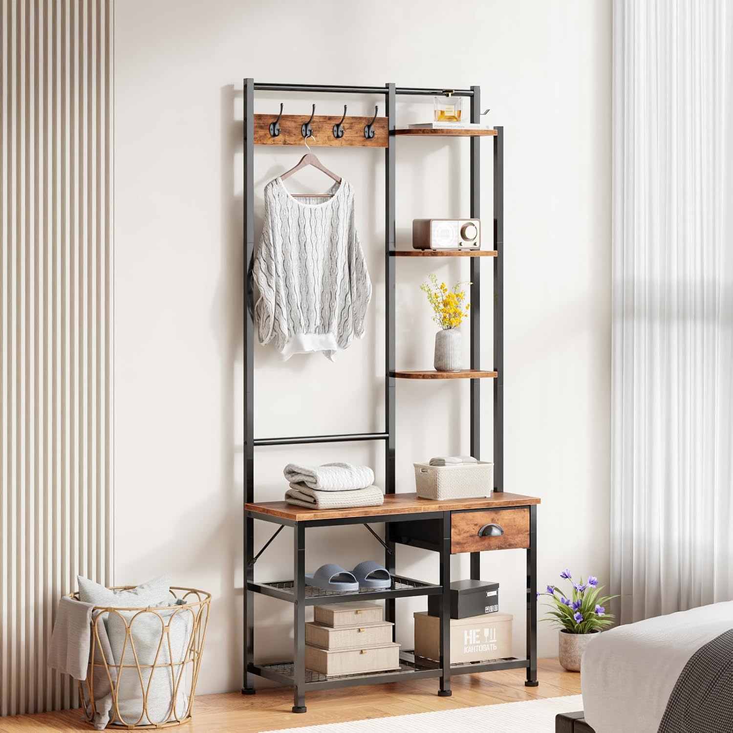 Furologee Coat Rack, Hall Tree with Bench and Shoe Storage, 4 in 1 Entryway Bench, Coat Rack with 3 Shelves and Drawer, Entryway Organizer with 5 Hooks for Hanging, Rustic Brown