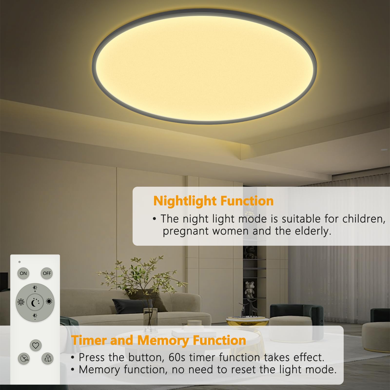 50W LED Deckenleuchte Flach Dimmbar, Ø60CM Deckenlampe mit Fernbedienung, 3000-6500K Modern Ultra Dünn, Rund Deckenleuchten Dimmbar für Wohnzimmer Schlafzimmer Kinderzimmer Büro Küche, Weiß