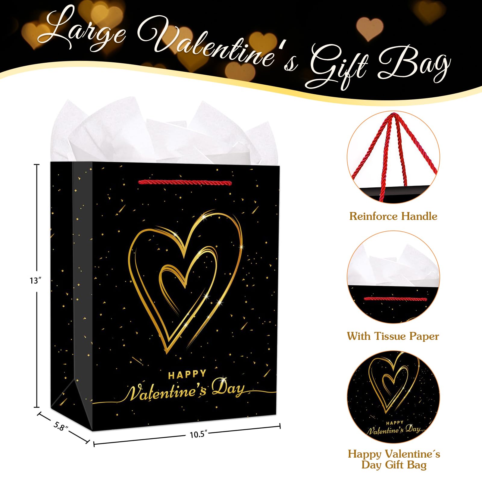 FLYAB 33 cm große Valentinstags-Geschenktüte mit Seidenpapier, Happy Valentine's Day Geschenktüte mit Griff, romantischer Jahrestag, Hochzeit, Geschenktüten für Sie, Ihn, Freundin, Freund, Ehefrau,