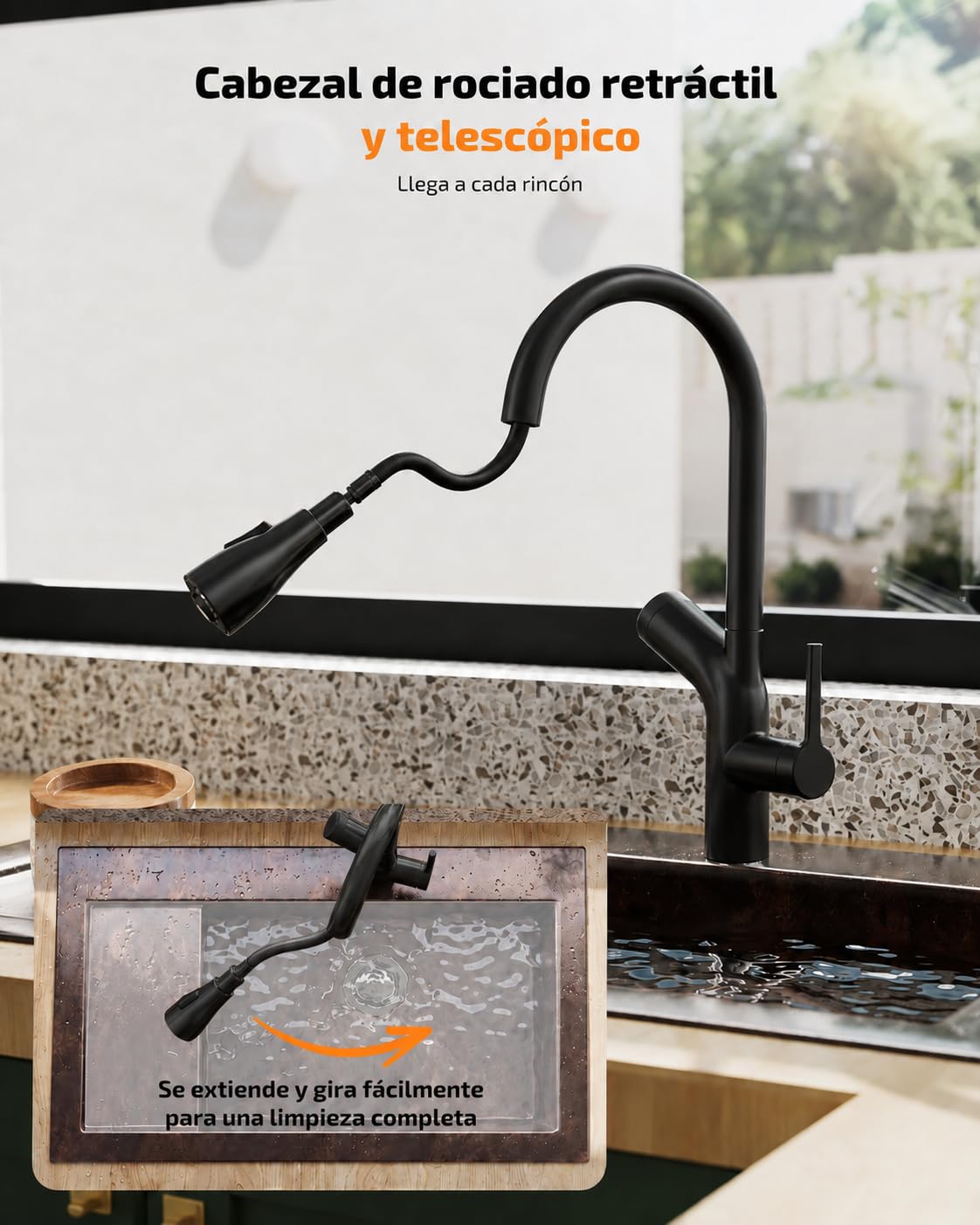 Cobbe Grifo de Cocina con Filtro de Agua, Pulverizador Extraíble, Monomando Giratorio de Caño Alto, Ayuda a Reducir Plomo, Cloro, Mal Sabor y Olores, 3 Filtros de Carbón, Negro