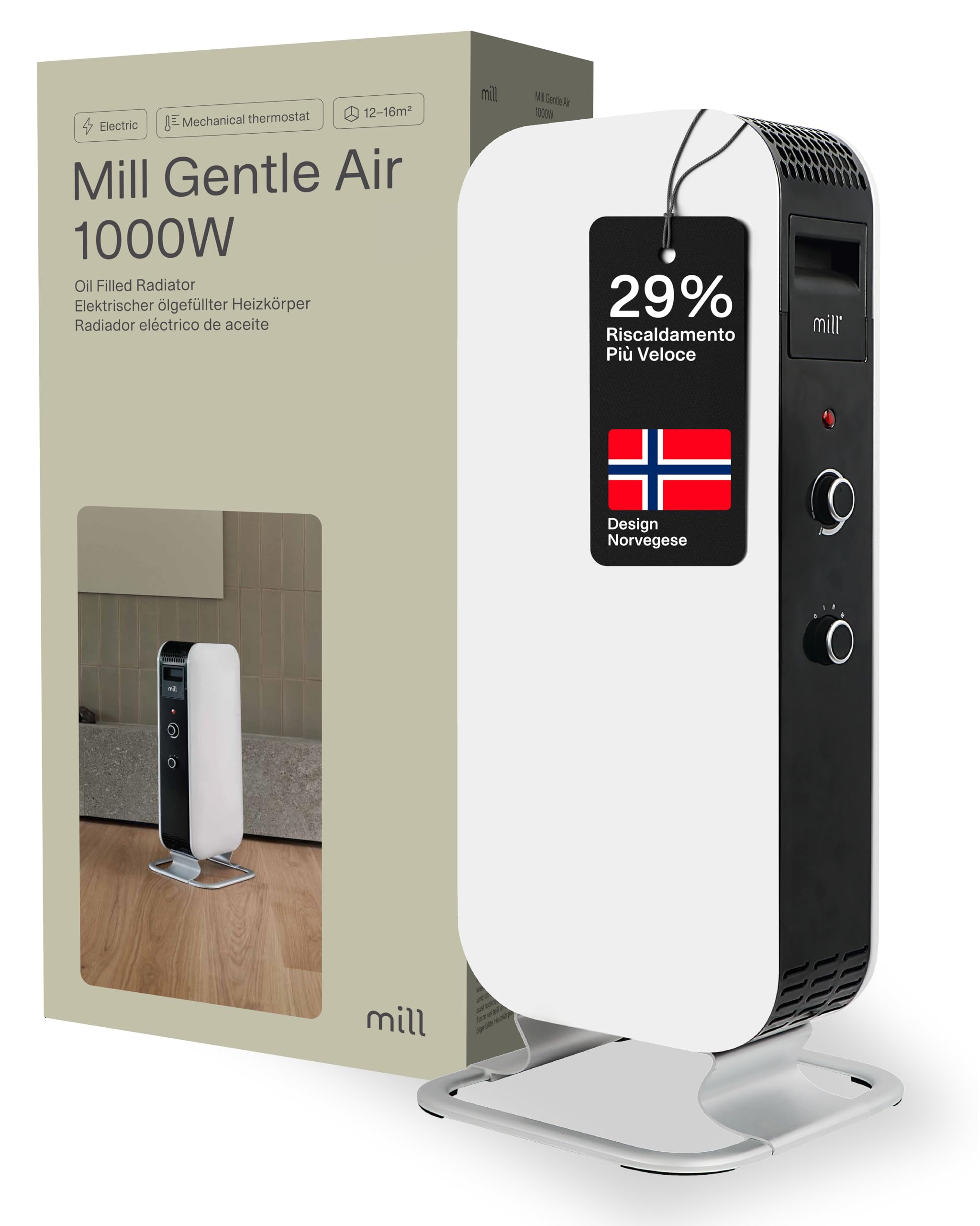 Mill radiatore al olio Norvegese Mill Gentle AIR AB-H1000MEC, 1000W, riscalda ambienti fino a 21mq. (Bianco, 12-16 m² - MEC)