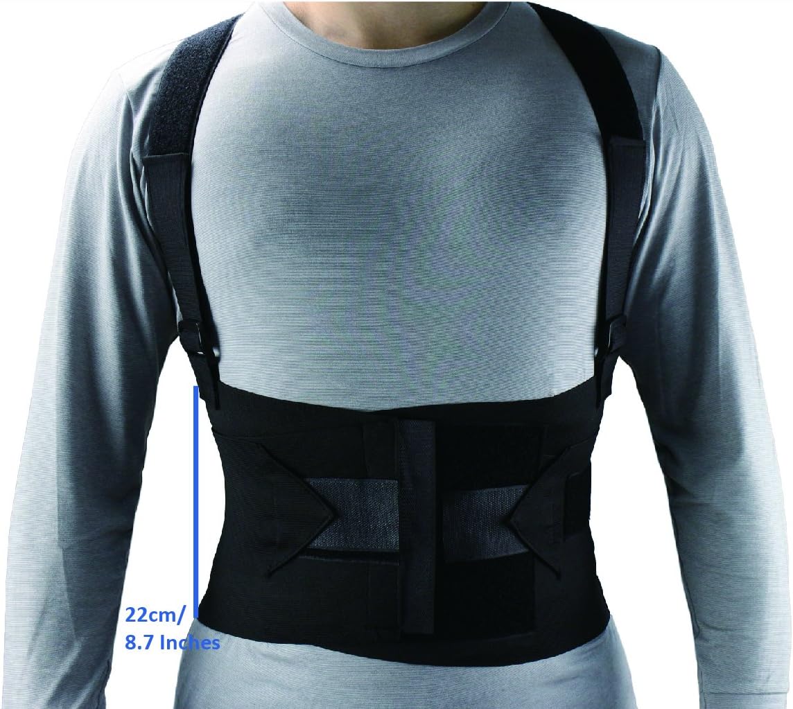 ObboMed® MB-2845NL Industrial Back, Lumbar Abdominal Support Wrap Belt Brace with 4 Metal Stays Splints, extra double side straps adjustable for heavy lifting loading worker porter (L: 41 – 45 inches)