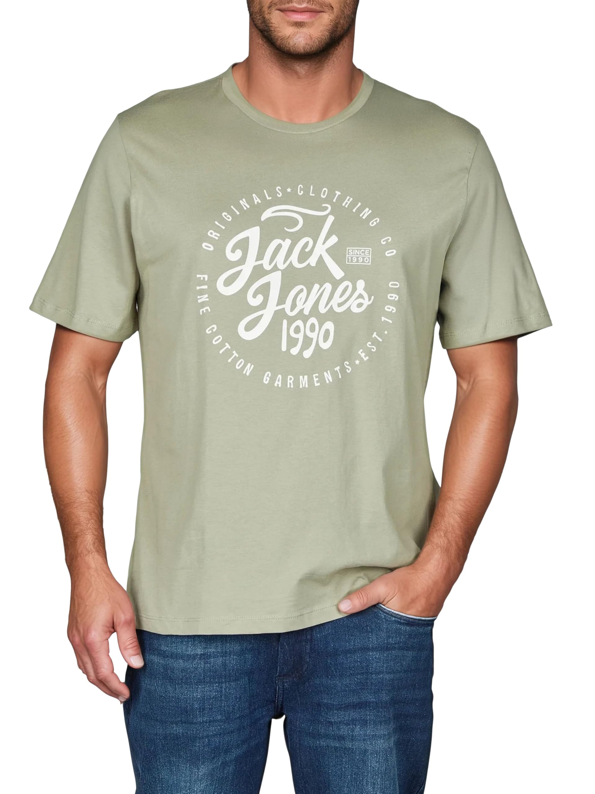 JACK & JONES JJLINO Lot de 4 t-shirts à col rond et manches courtes, coupe droite, imprimé été, 100 %, t-shirt en coton, noir, blanc, vert, rouge, bleu, gris, tailles S, M, L, XL, XXL, 3XL