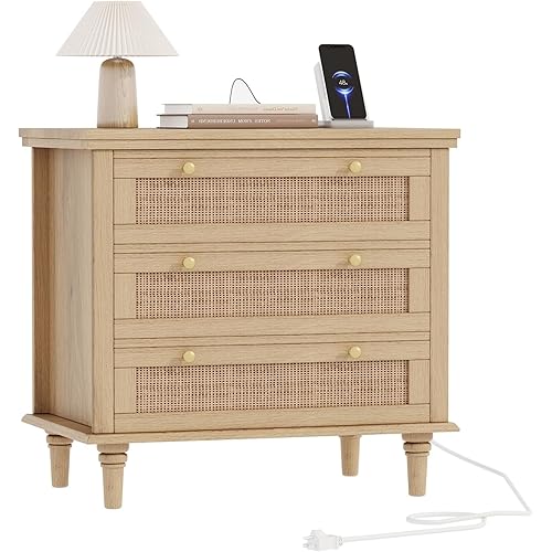 Irontar 27.6" Wide Rattan Nightstand with 3 Large Storage Drawers, Wooden Bedside Table with Charging Station, Oversized End Side Table with Solid Wood Legs for Bedroom, Natural BZZ011ME